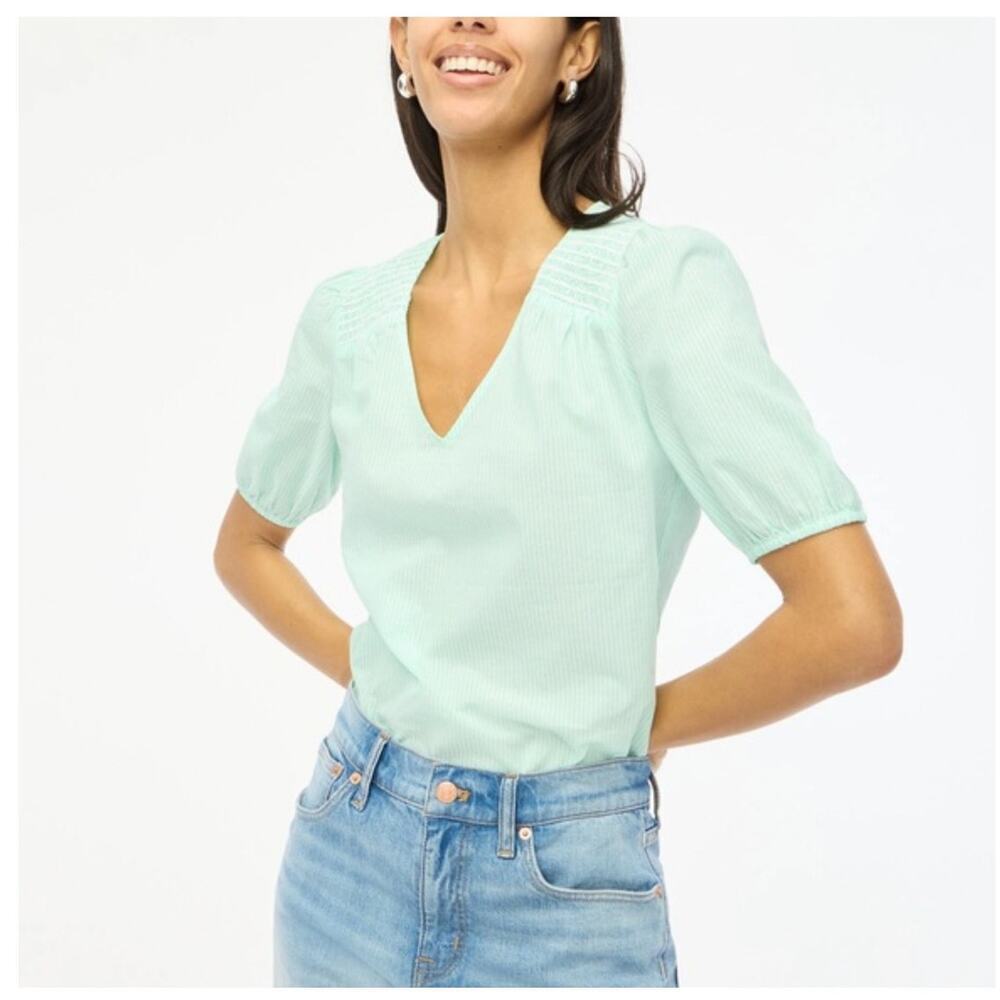 J CREW Womens Muslin Top Size Small Teal Green Striped Cotton Lightweight Spring